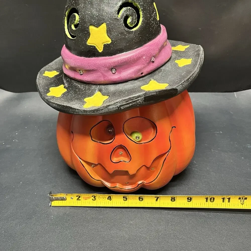 Goofy Pumpkin Wearing A Witch Hat MULTI Dancing Blink Light Up Halloween Decor.